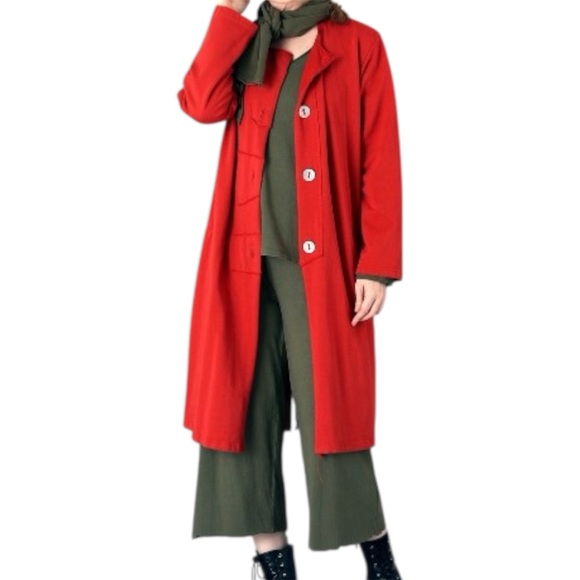 Fenini Lagenlook Red Button-Up Fleece Midi Coat Sz M Oversized Minimalist NWT - Picture 1 of 12